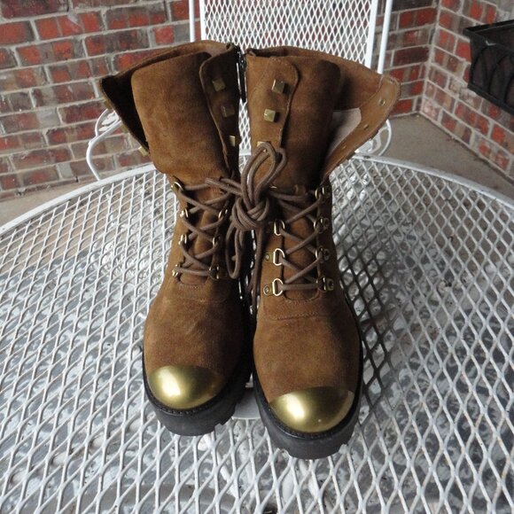 MICHAEL KORS "Khloe" Brown Suede Chunky Combat Boots with Gold Trim Size 7.5 - Picture 1 of 9